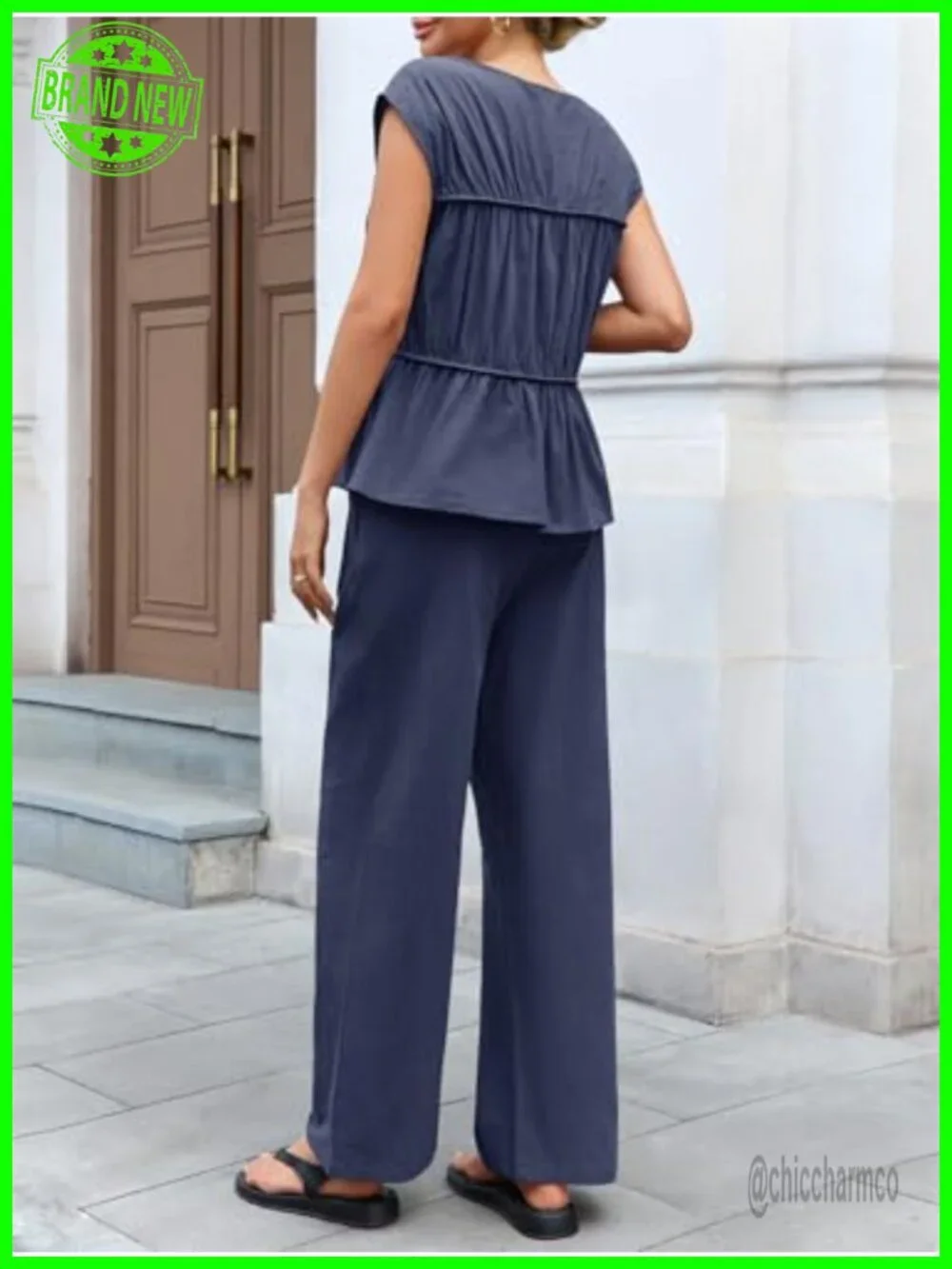 2 Piece Linen Babydoll Peplum Tank Top and Pants Set Summer Travel Outfits